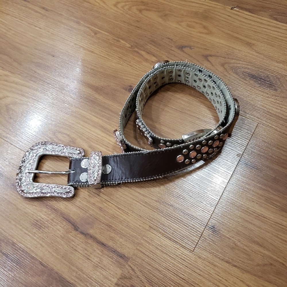 Studded Pink Rhinestone Bling Buckle Brown Leather Belt! Medium